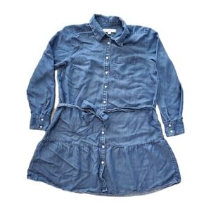 LOFT Ann Taylor Denim Chambray Jean Shirt Dress MP Medium Petite Belted Blue
